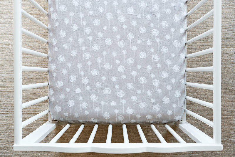 Fitted Crib Sheet in Dandelion Wishes in Silver Minky