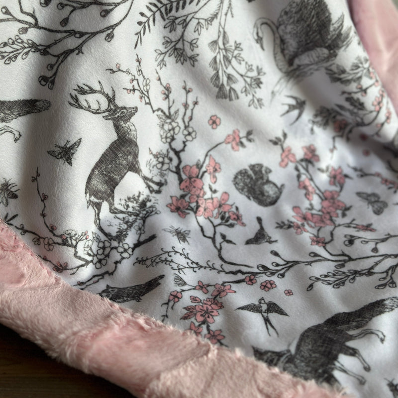 Spring Woodland Toile Minky with Shell Luxe Fur Minky
