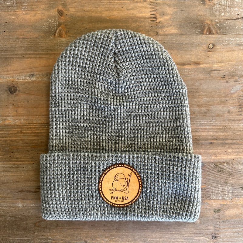 Leather Patch Waffle Knit Beanie Hat