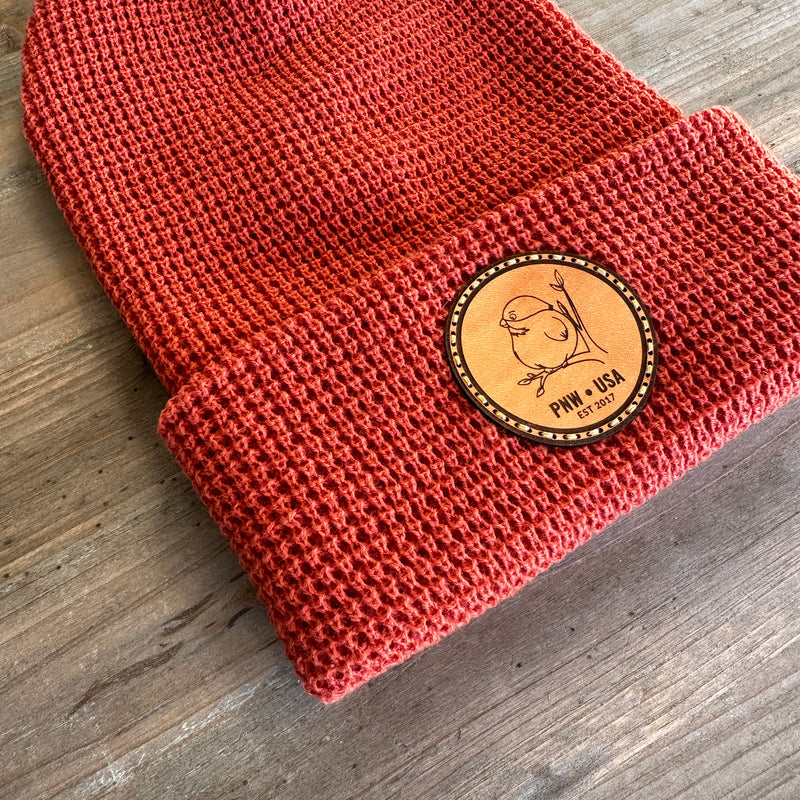 Leather Patch Waffle Knit Beanie Hat