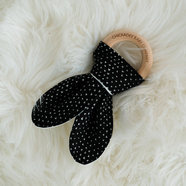 White Tiny Hearts on Black Birch Teething Ring