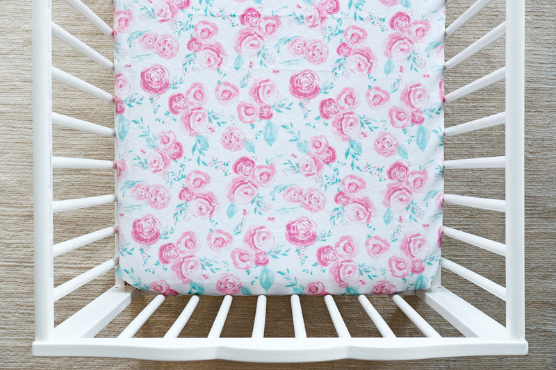 Fitted Crib Sheet in Rosie Floral in Blush Minky