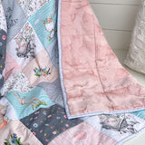 woodland girl toddler quilt in pink, blue and gray